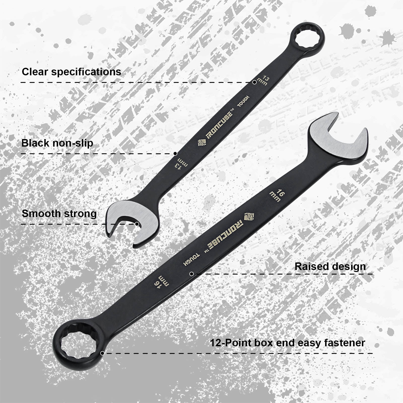 IRONCUBE Combination Wrench Set, Tough Black , 12-Piece Metric 8-19mm, Wax Canvas Storage Bag for Racing Motorcycle Backup Team's Maintenance Tools