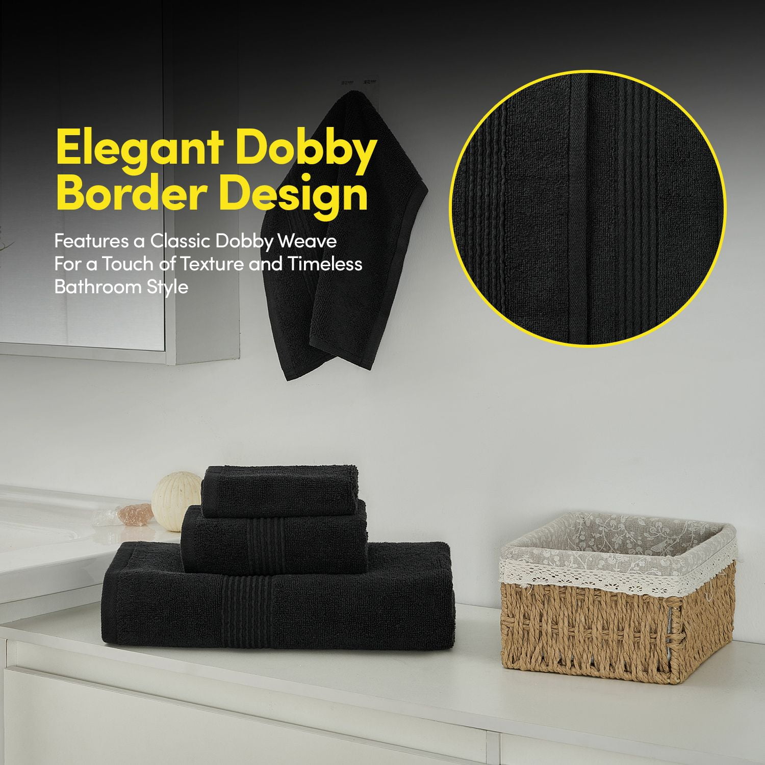 8pc 100% Combed Cotton Towel Set (2 Bath, 2 Hand, 4 Wash) - Black