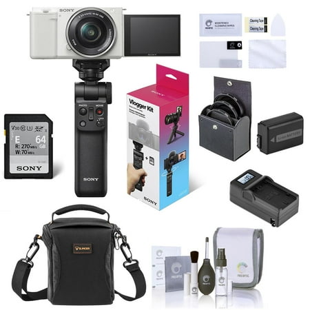 Sony Sony ZV-E10 Mirrorless Vlog Camera with 16-50mm Lens, White - Bundle with Vlogger Accessory Kit, Shoulder Bag, Screen Protector, Extra Battery, Charger, 40.5mm Filter Kit, Cleaning Kit