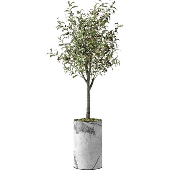 Artificial Tree in Gray Marble Effect Planter, Fake Olive Silk Tree for Indoor and Outdoor Home Decoration - 60" Overall Tall (Plant Pot Plus Tree)