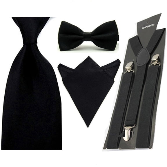 Men Solid Satin Bowtie 8CM Wide Necktie Hanky Pocket Square Brace Suspender Set