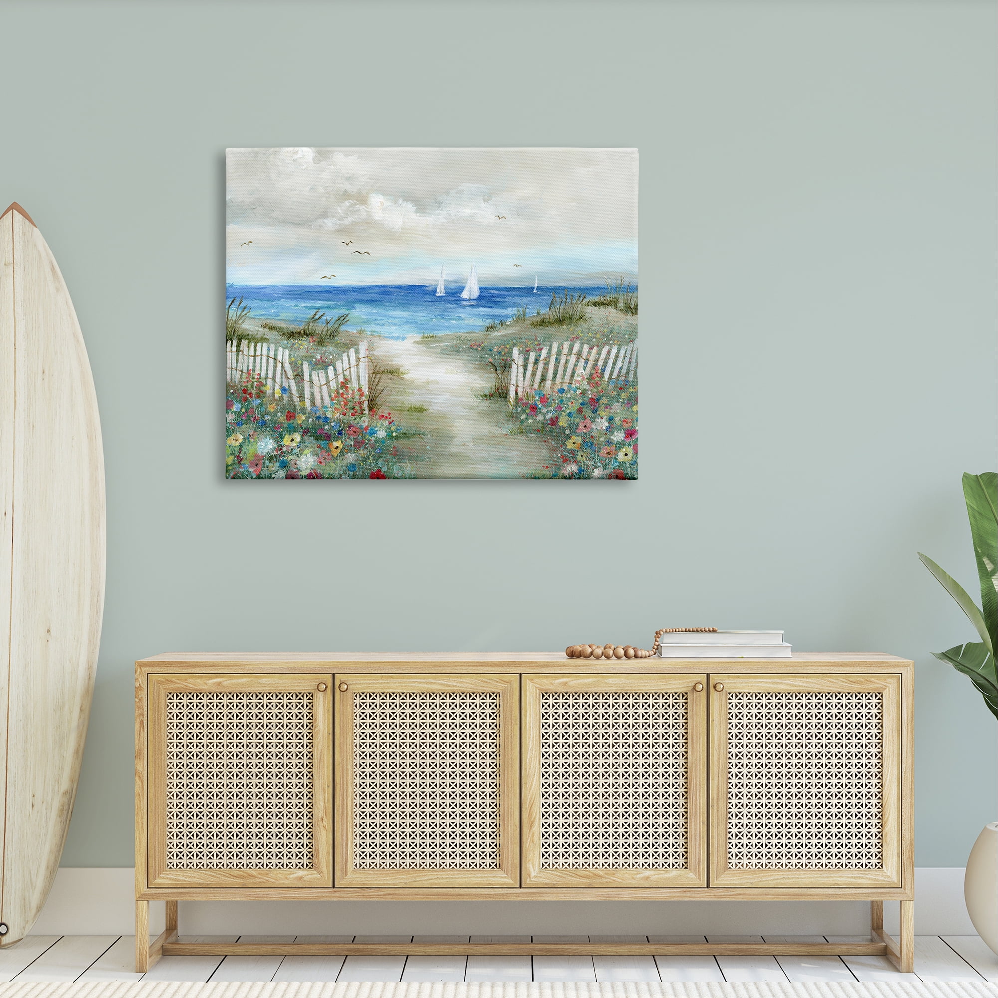 Stupell Industries Tranquil Beachside Flower Meadow Ocean Sailboats Scene Painting Gallery Wrapped Canvas Print Wall Art, Design by Nan