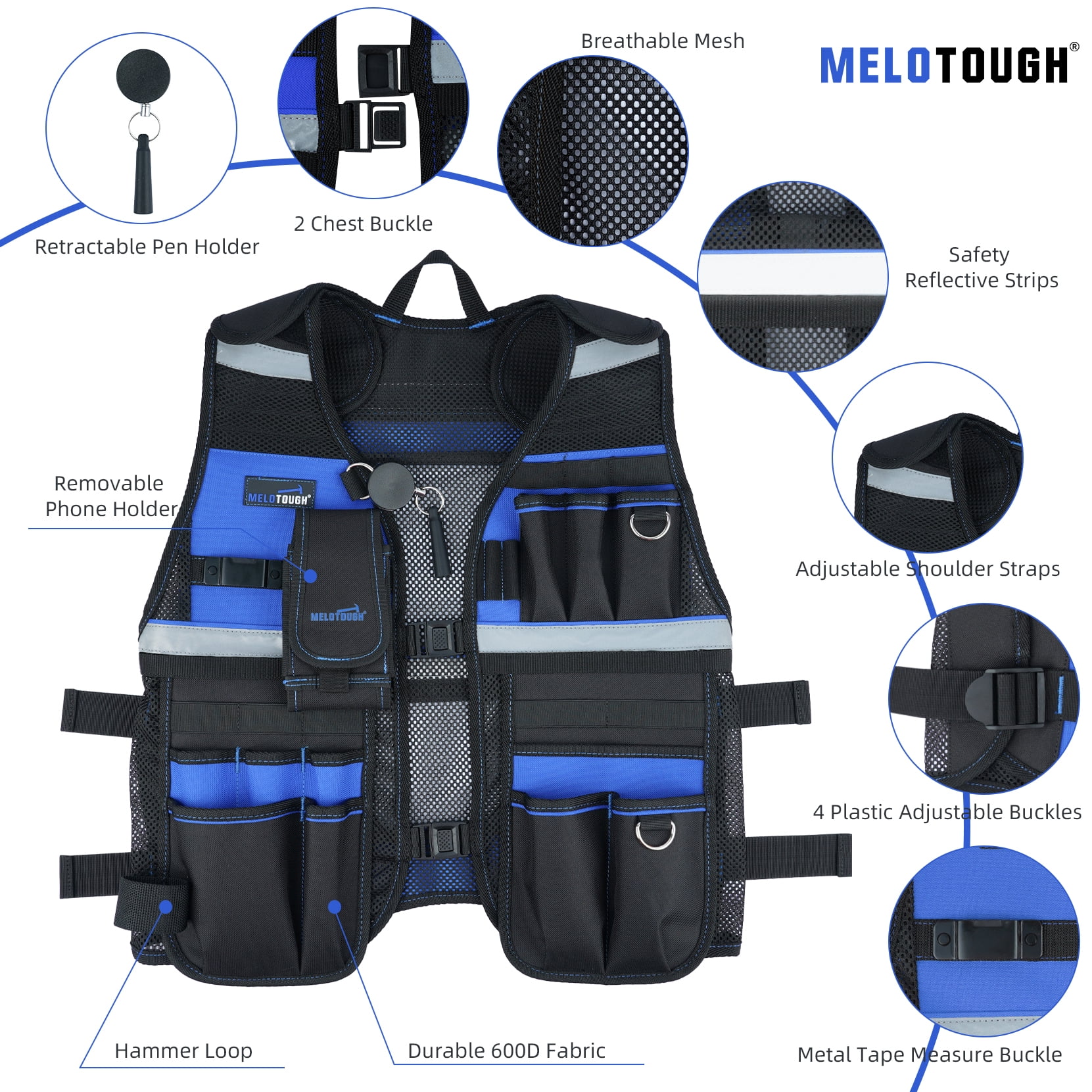 MELOTOUGH Tool Vest for Men Reflective Safety Tool Vest with Adjustable Straps, Removable Phone Holder for Electrical, Carpenters, Construction, Handyman (Blue)
