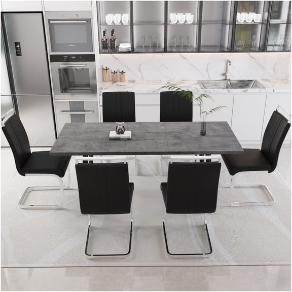 Expandable 7-Piece Dining Set with 6 PU Cushioned Chairs, Modern Kitchen Table for 4-6, Black and Grey