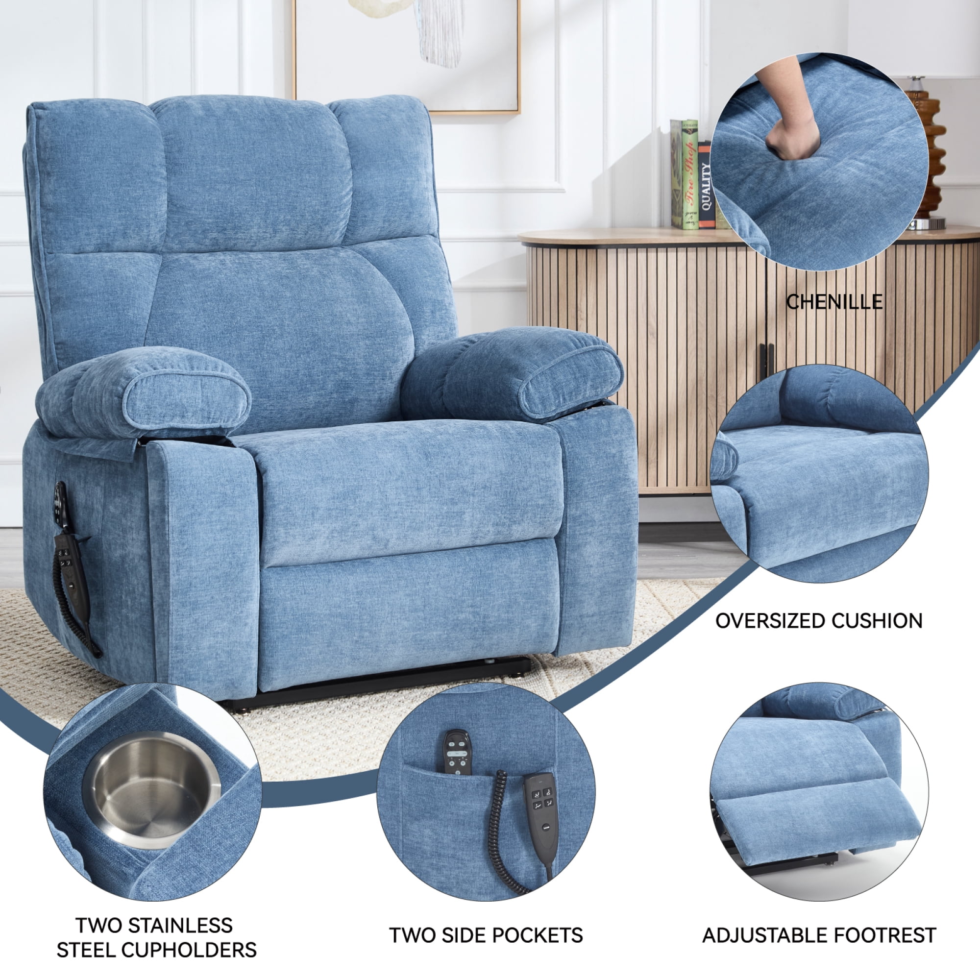 Leumius Large Electric Power Lift Recliner Chair for Elderly,23.5" Extra Wide Seat Recliners Single Sofa with Vibration Massage and Lumbar Heating,Dual Motor,Infinite Position,Blue+Chenille