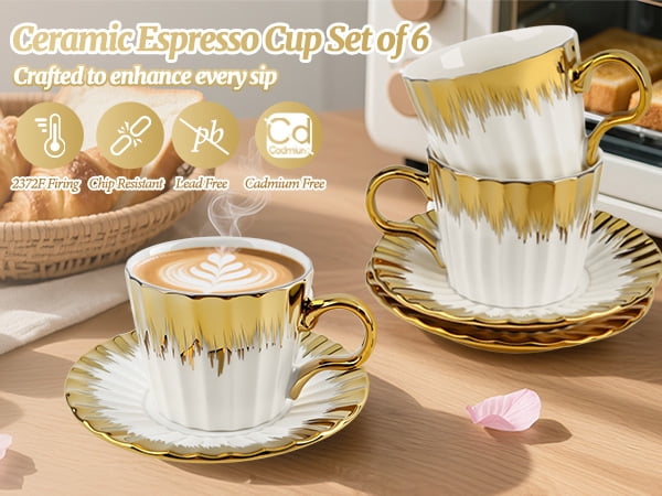 3.2oz Ceramic British Coffee Cup Set of 6, Italian Turkish Cappuccino Cups Porcelain Espresso Cups and Saucers with Gold Trim for Double Espresso Cappuccino Latte Mocha Tea