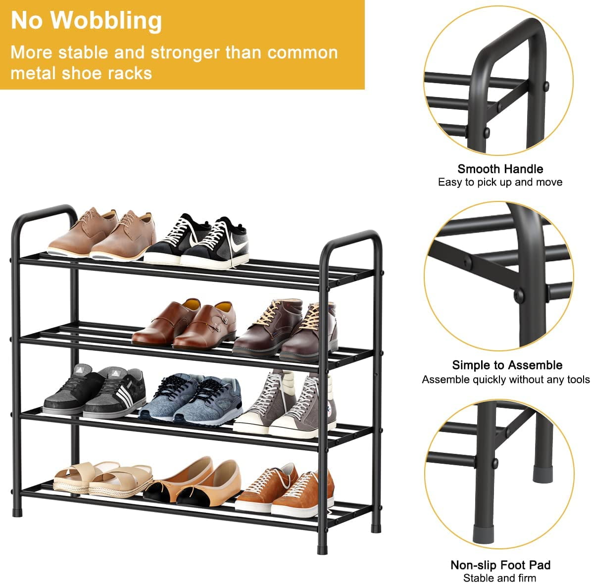 FANHAO 4-Tier Shoe Rack, 100% Stainless Steel Shoe Storage Organizer, up to 12 Pairs for Entryway