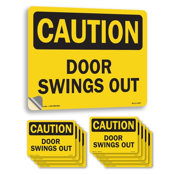Door Swings Out OSHA Caution Vinyl Decal Label 18 Inch x 12 Inch - 10 Pack