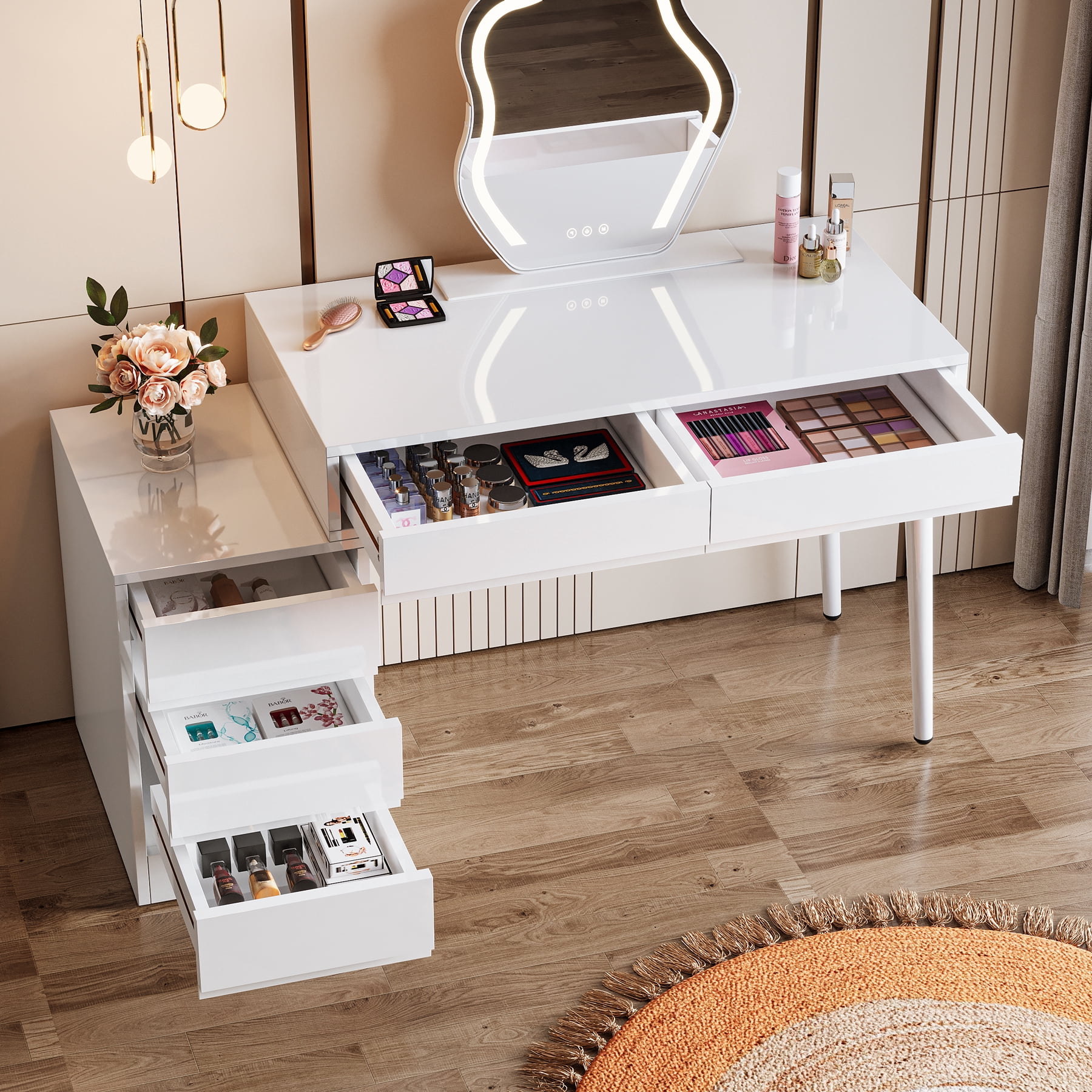 Tribesigns White Desk with Drawers, Modern Home Office Desk with Storage Drawers and Printer Stand, Reversible Computer Desk Vanity Desk for Bedroom, Living Room