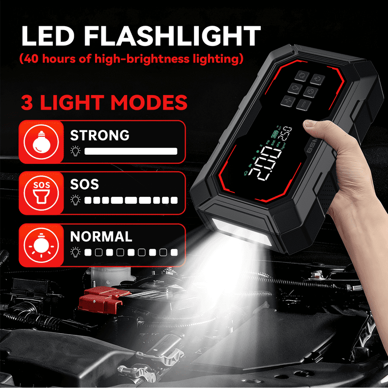 BSMOOM 3000A Car Jump Starter + 150PSI Air Compressor - 12V Portable Jump Box for All Gas/12L Diesel Engines (Smart Jumper Cables, LCD, 3-Mode LED)