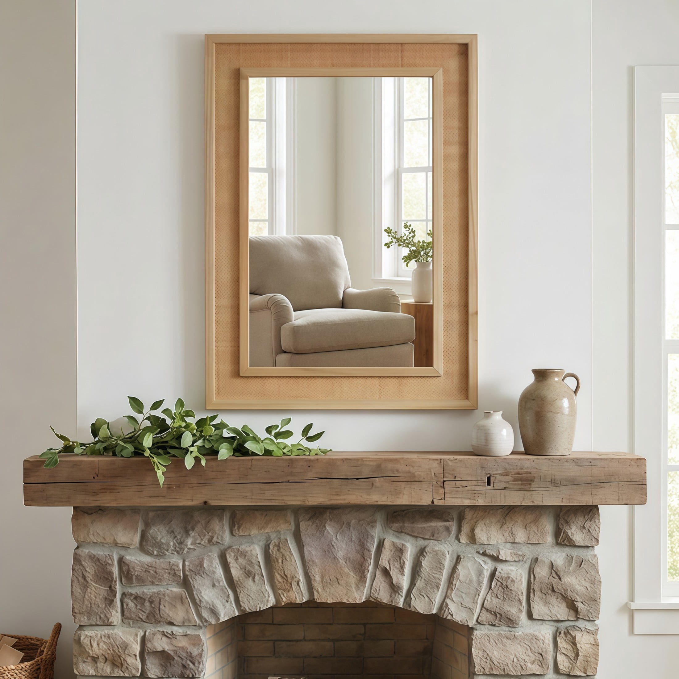 Noble House 20"x30" Rattan Rectangle Wall Mirror, Decorative Accent Bathroom Mirror with Solid Wood Frame, Natural Wood