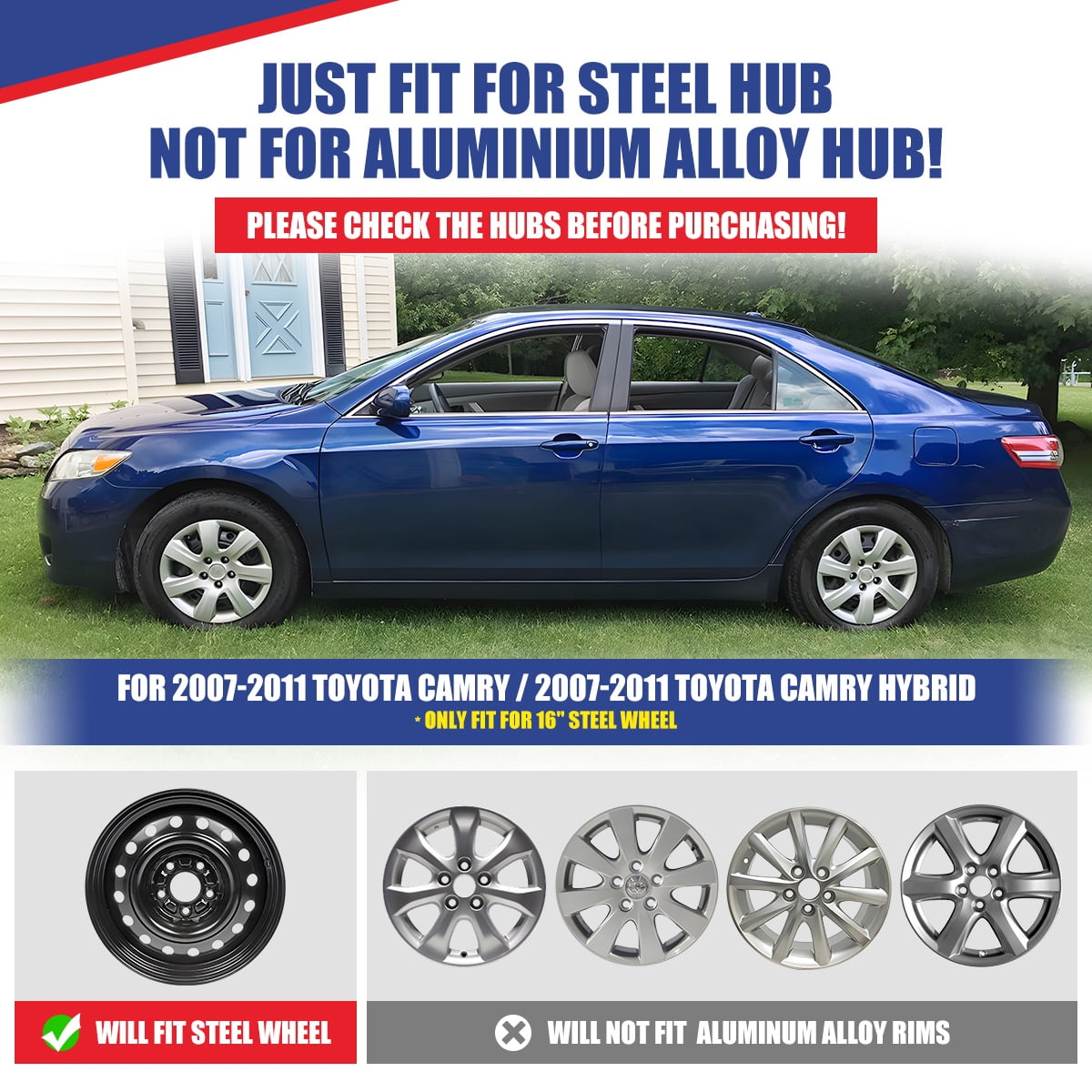 16" Set Of 4 Hubcaps Wheel Rims Cover for 2007-2011 TOYOTA CAMRY /2007-2011 TOYOTA CAMRY HYBRID Compatible With Steel Wheels Snap On Installation(16-Inch,LACQUER)