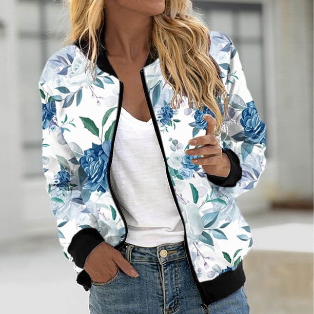 Puntoco Abrigo Casual De Manga Larga Con Estampado Floral Y Cremallera Con Bolsillo Y Cuello Alto Para Mujer Puntoco Puntoco-1