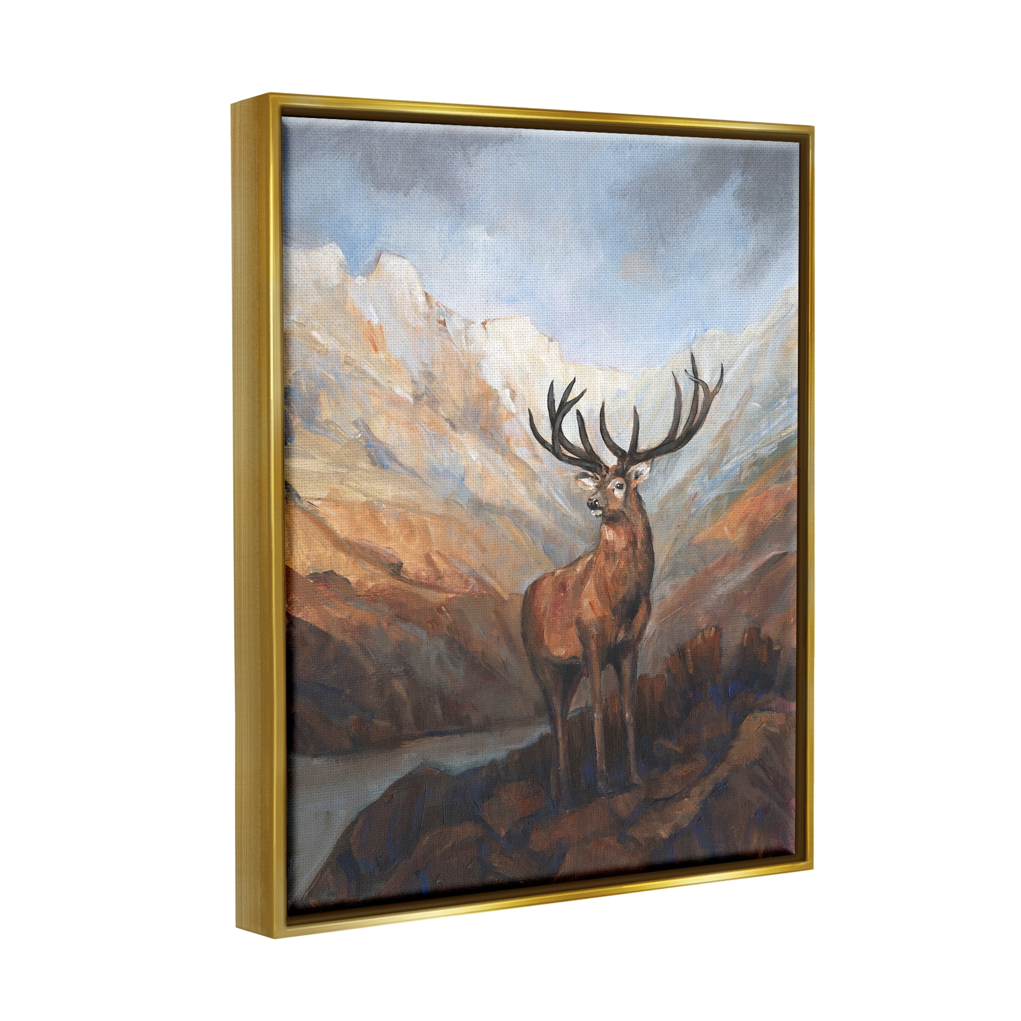 Stupell Wild Deer Breathtaking Mountain View Animals & Insects Painting Gold Floater Framed Art Print Wall Art