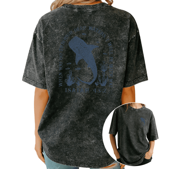Women Isaiah 43:2 Blue Whale Shark Ocean Graphic fun Tees T Shirt Tops Round Neck Cotton Washed T Shirt Black S-2XL Plus Size