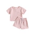 thumbnail image 1 of xiaxaixu Toddler 2Pcs Summer Outfits, Short Sleeve Solid Color Pocket Tops + Shorts Set Kid Clothes, 1 of 9