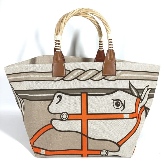 Pre-Owned HERMES Steeple Large Tote Bag, Shoulder Leather and Canvas, Women's, Beige (Good)