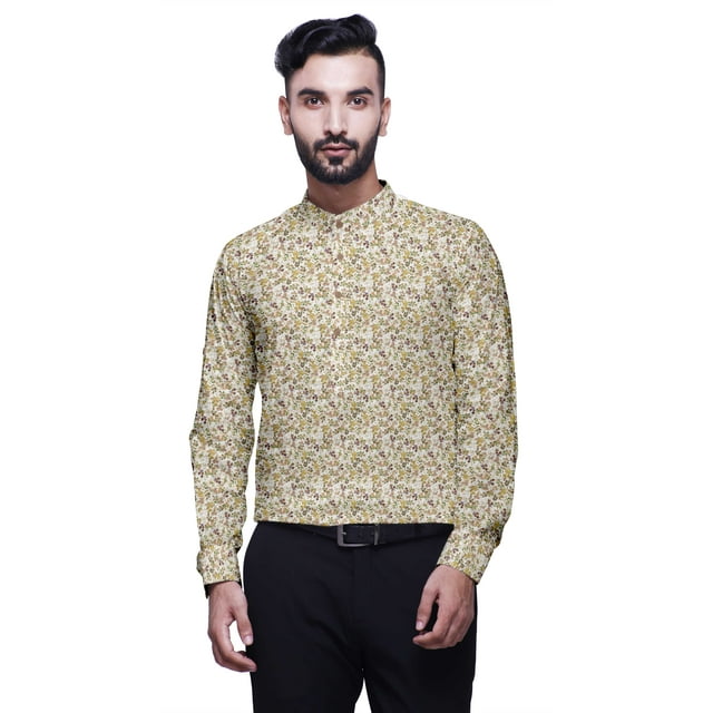 BESTMAN Kurta-Shirt Court pour Homme, Inde, Imprimé, Manches Longues Retroussables