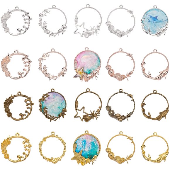 20 Pcs Pendentifs à Dos Ouvert Thème Océan - Charmes d'Été avec Cadre en Alliage et Cadres Creux en Résine UV - 5 Styles