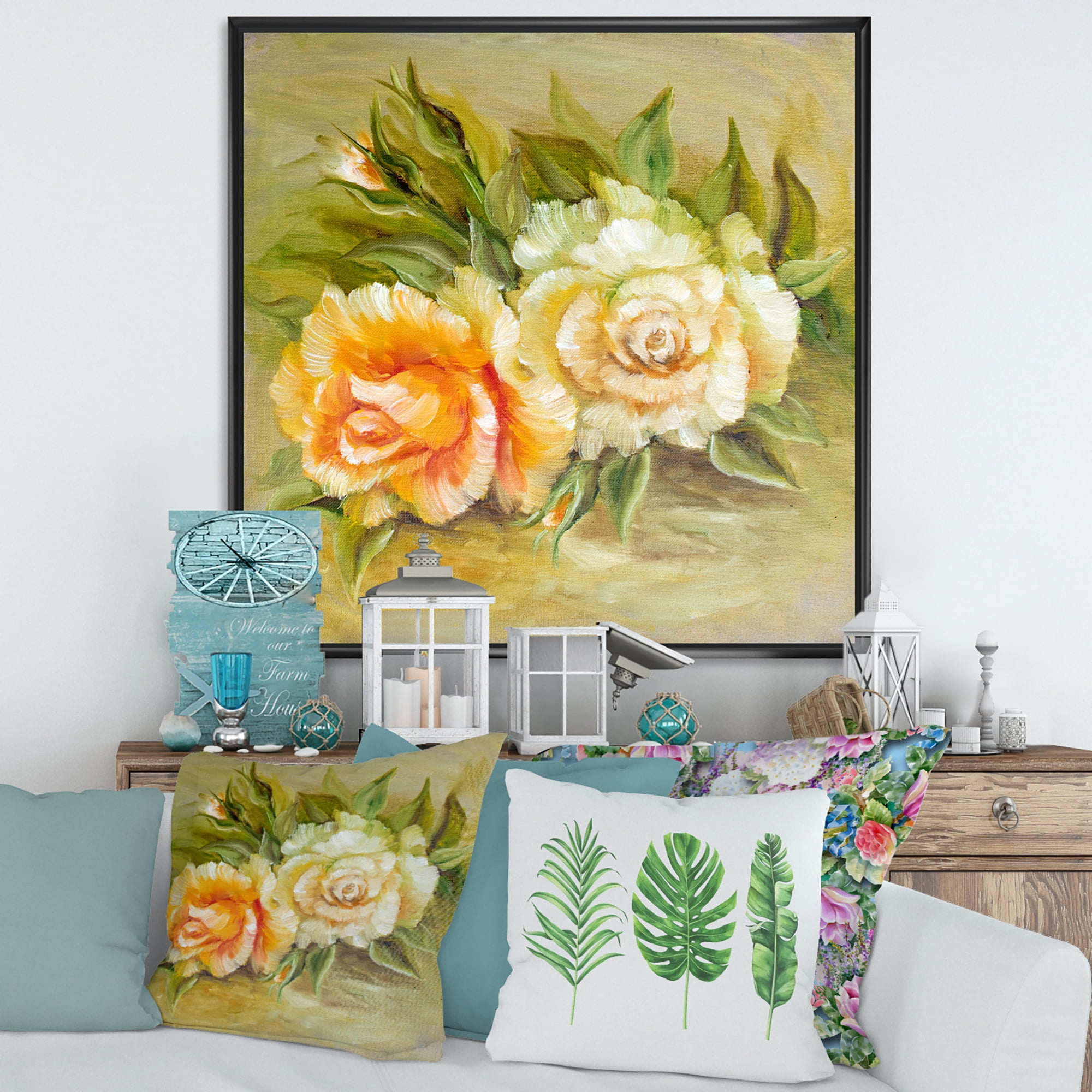 Designart 'Vintage Yellow and White Roses' Traditional Framed Canvas Wall Art Print
