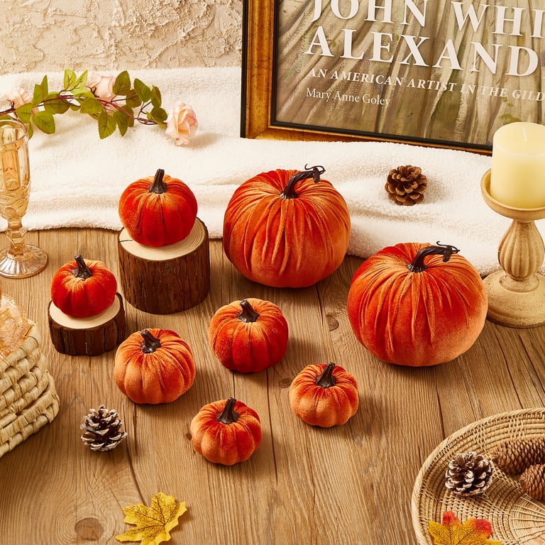 21 PCS Pumpkin Decor Set - Velvet Foam Pumpkins, Pine Cones, Berries, Fall Table Centerpiece For Thanksgiving Halloween