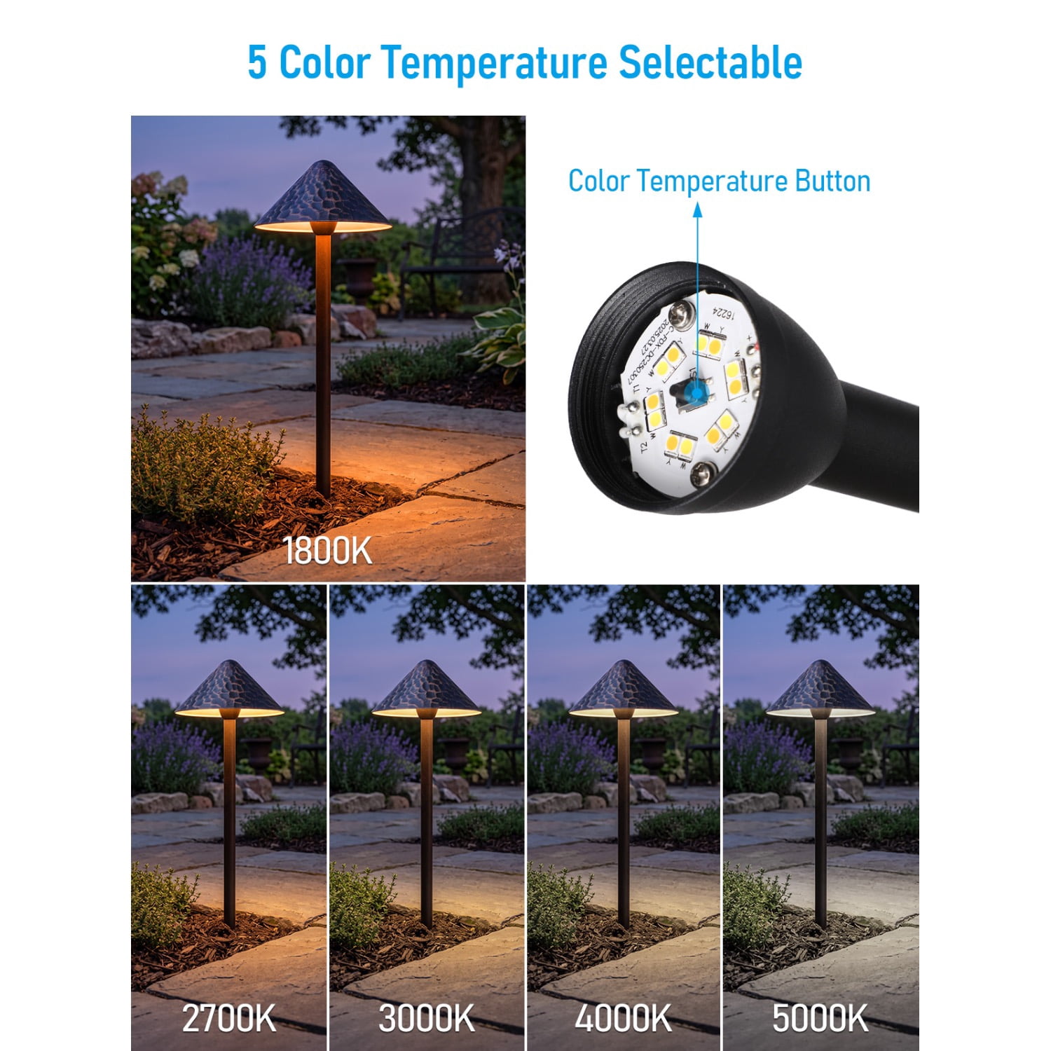12 Pack 12-24V AC/DC 3W 5CCT LED Landscape Lights, Waterproof Pathway Lights, Rustic Style, Aluminum Housing, CRI90+, ETL Listed, 1800K/2700K/3000K/4000K/5000K Selectable