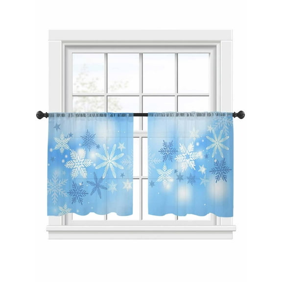 Winter Snowflake Sheer Curtains 45 inches Long, Christmas Gradient Blue Simple Light Filtering Sheer Window Curtains Rod Pocket Voile Drapes for Bedroom Living Room, 2 Panels 52"W x 45"L