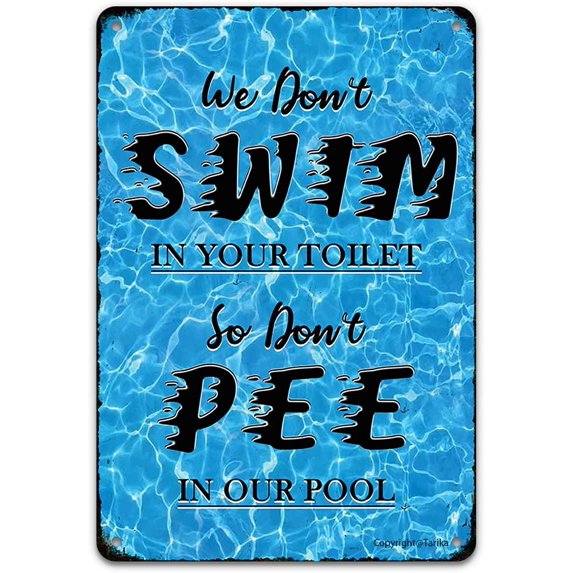 Vintage Swimming Pool Tin Sign, Swim at Your Own Risk Mermaid Off Duty, Metal 8x12 Inch Retro Wall Decor for Home Kitchen Seaside Swim Pool Outdoor Fence Wall Decor