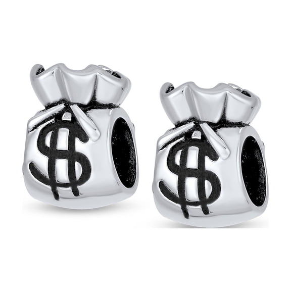 Bling Jewelry Womens Sterling Silver Good Luck Clutch Purse Pocketbook Dollar Sign Money Bag Charm Bead for Bracelet (Set)