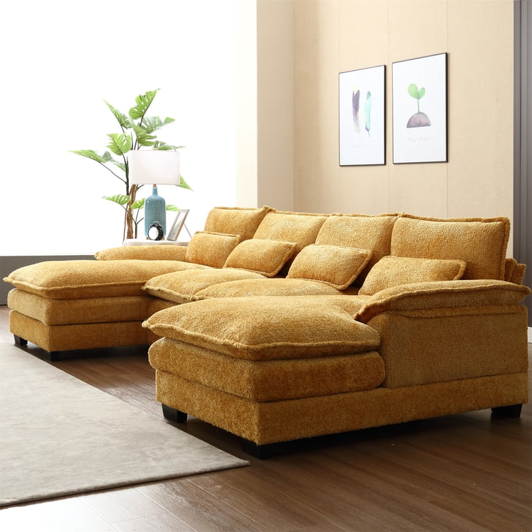 Aukfa 110in U-Shape Sectional Sofa Mustard Boucle with 4 Lumbar