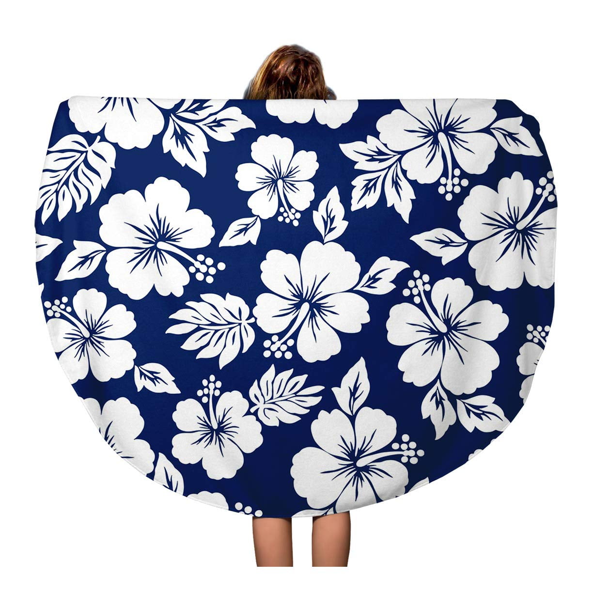 SIDONKU 60 inch Round Beach Towel Blanket Flower Hibiscus Pattern