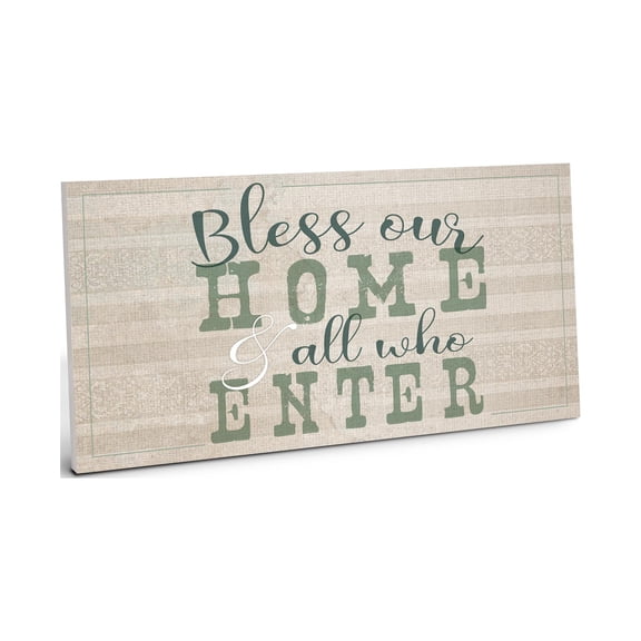 Bless Our Home Ecru Linen Stripe Green 10 x 5 Wood Wall Sign Plaque