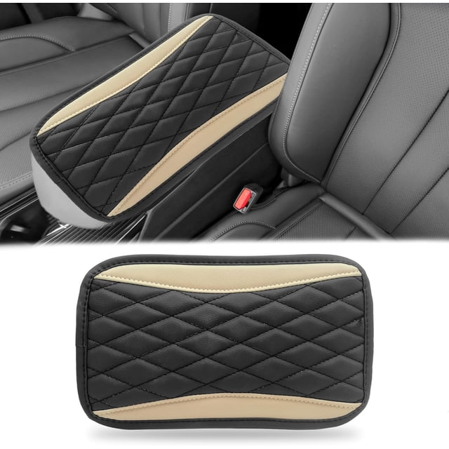 LAICAIW Car Center Console Cover, Universal Leather Waterproof Armrest Seat Box Cover Protector, Comfortable Car Decor Accessories Fit for Most Cars, Vehicles, SUVs-khaki
