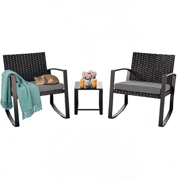 Patio Furniture Set Lofka 3 Pieces Outdoor Rocking Chairs Set with Glass Coffee Table for Garden, Bistro, Porch, Balcony, Backyard, Gray Cushion