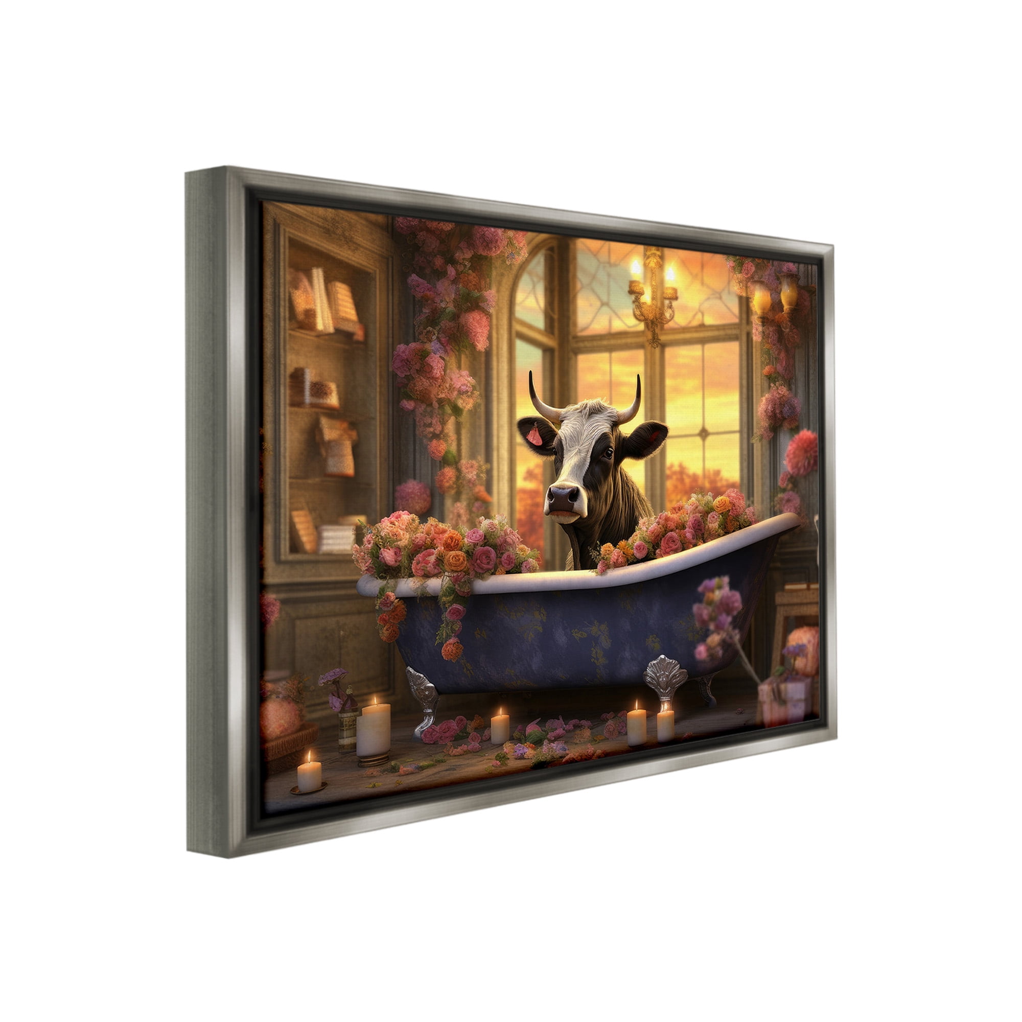 Stupell Industries Bathing Cow at Sunset Animals & Insects Painting Gray Floater Framed Canvas Art Print Wall Art, 21 x 17