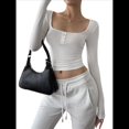 thumbnail image 3 of Camisetas Henley de Larga para Mujer, de Verano y Otoño, con Botones, de Punto Acanalado, Corte Entallado, Blusas Básicas Informales. L, 3 of 9