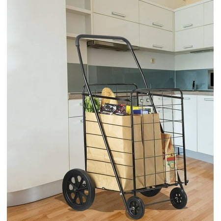 Extra Large Heavy Duty Folding Shopping Grocery Storage Cart Jumbo Size-Black (Black Cart with Red