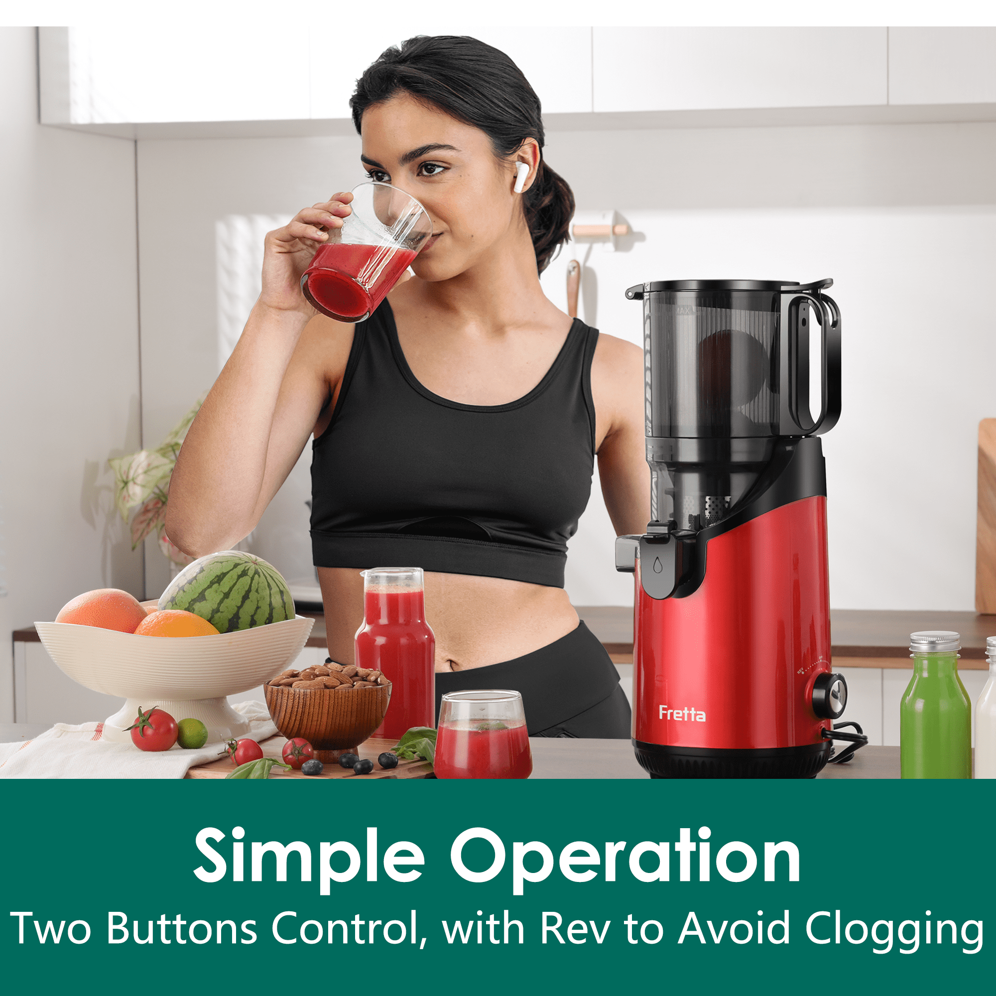 Fretta Cold Press Juicer with 5.3" Extra Large Feed Chute, 250W Slow Masticating Machines Fit Whole Fruits & Vegetables, High Juice Yield, BPA Free (Red)