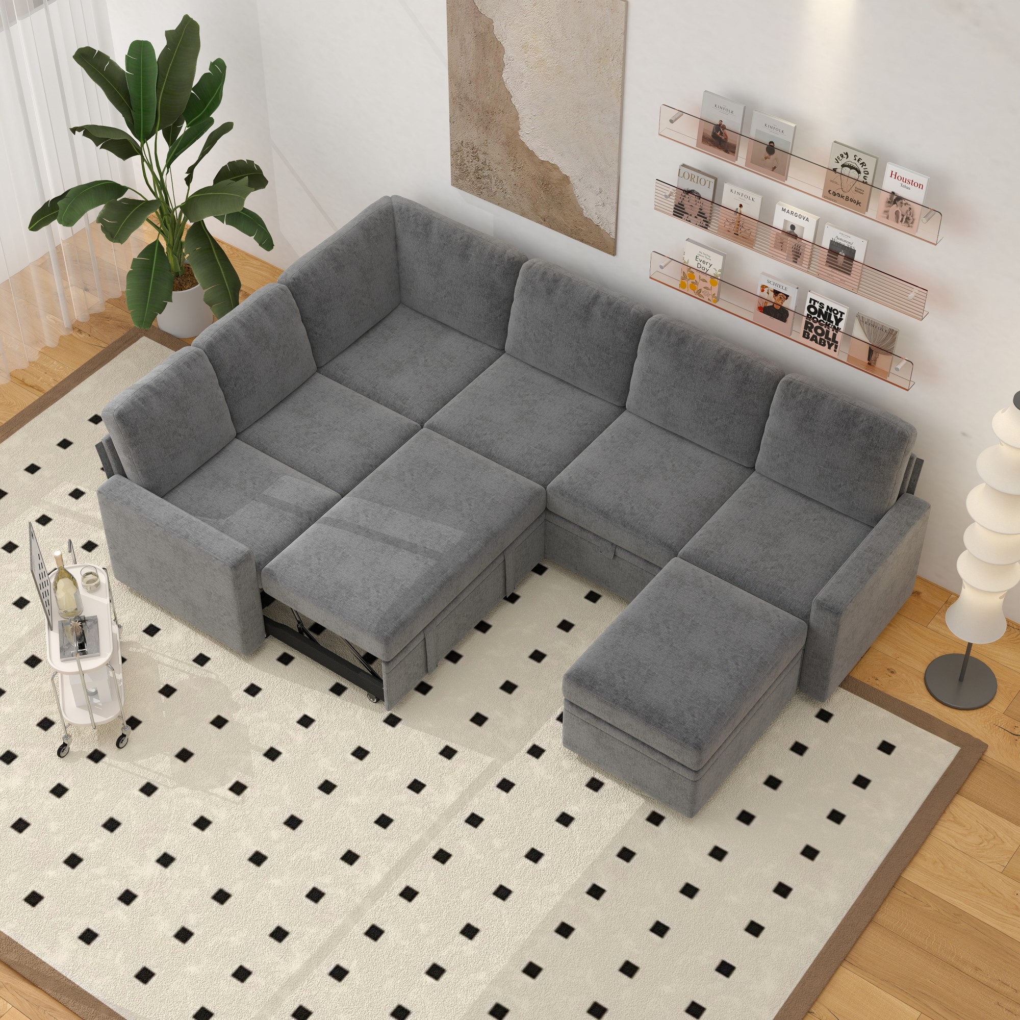Gewnee 6-Seater Gray L-Shaped Convertible Sofa - Skin-Friendly & Wear-Resistant Chenille Fabric, Multifunctional Storage, for Living Rooms & Halls（including 1 footstool）