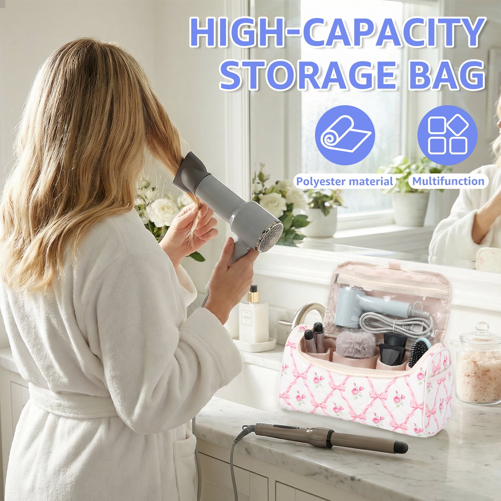 NUAHRHY Travel Makeup Bag with Handle, Cosmetic Organizer Bag Toiletry Bag for Women Girls, Cute Travel Essentials Case with Compartments, Vertical Make up Storage Bag Hair Dryer Holder