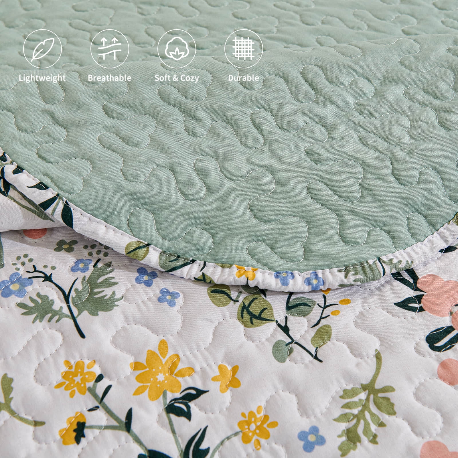 3-Piece Full/Queen Size Quilt Set - Floral Garden Style Bedspread Coverlet with 2 Pillow Shams, Microfiber