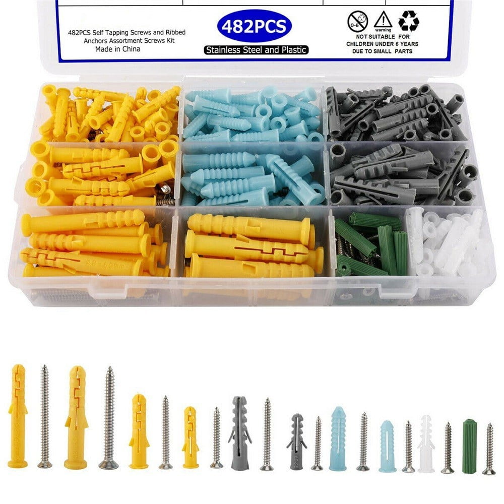 200Piece Anchors and Tapping Screws Assortment Set Brick Ribbed Wall Plugs Rawl 