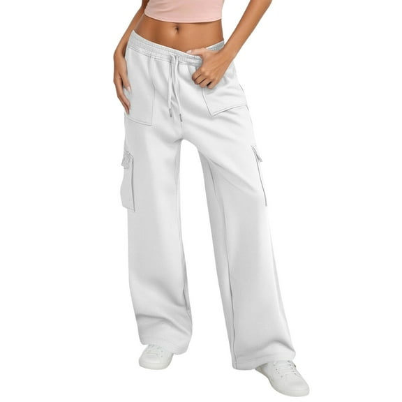 Fiaer,Women High Waisted Drawstring Wide Leg Cargo Pants,Womens 2025 Trendy Casual Baggy Joggers with Pockets,Women's Plus Size Cozy Lounge Slacks White XL