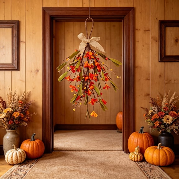 Konghyp Fall Flower and Pumpkin Teardrop Swags Wreath, Autumn Door Wall Hanging Decoration, Burlap Bow for Home, Harvest Festival Decor, Rustic Farmhouse Style, Seasonal Front Door Accent