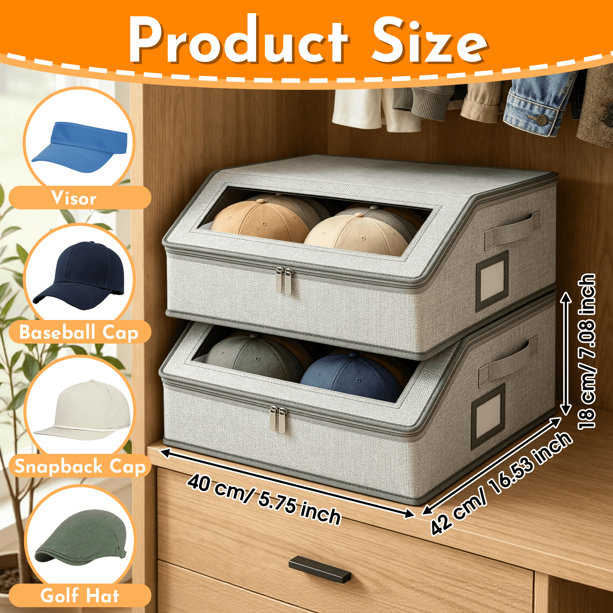 2‑Pack Hat Storage Organizer Box, Dustproof Baseball Cap Storage Container with Clear Window, Fabric Hat Holder for Closet, Wardrobe Hat Organizer for Baseball Caps