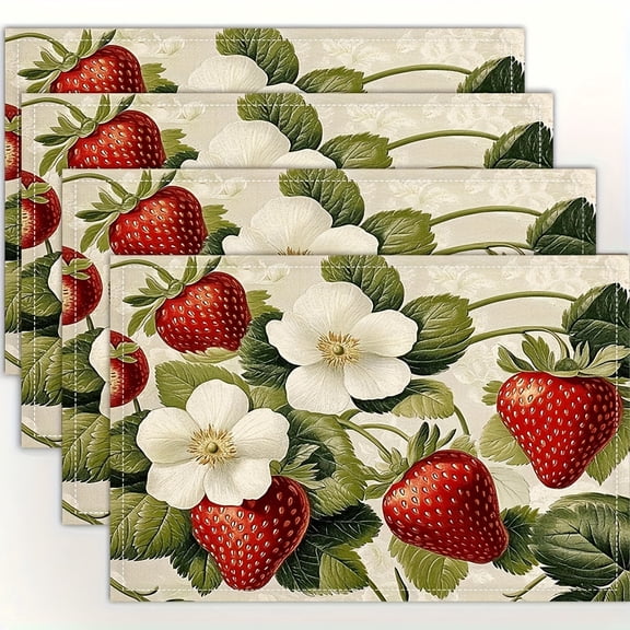 4pcs Vintage Strawberry Placemats - Elegant Table Mats with Strawberry Print, 12x18 Inch Single-Sided Kitchen & Dining Table Decor Suitable for Farmhouse, Rustic, Modern Dining