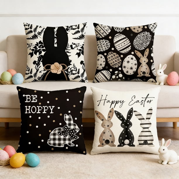 Juego de 4 fundas de cojín decorativas de Pascua | Fundas de cojín decorativas con estampados de conejos y huevos para sofá, sillón o cama