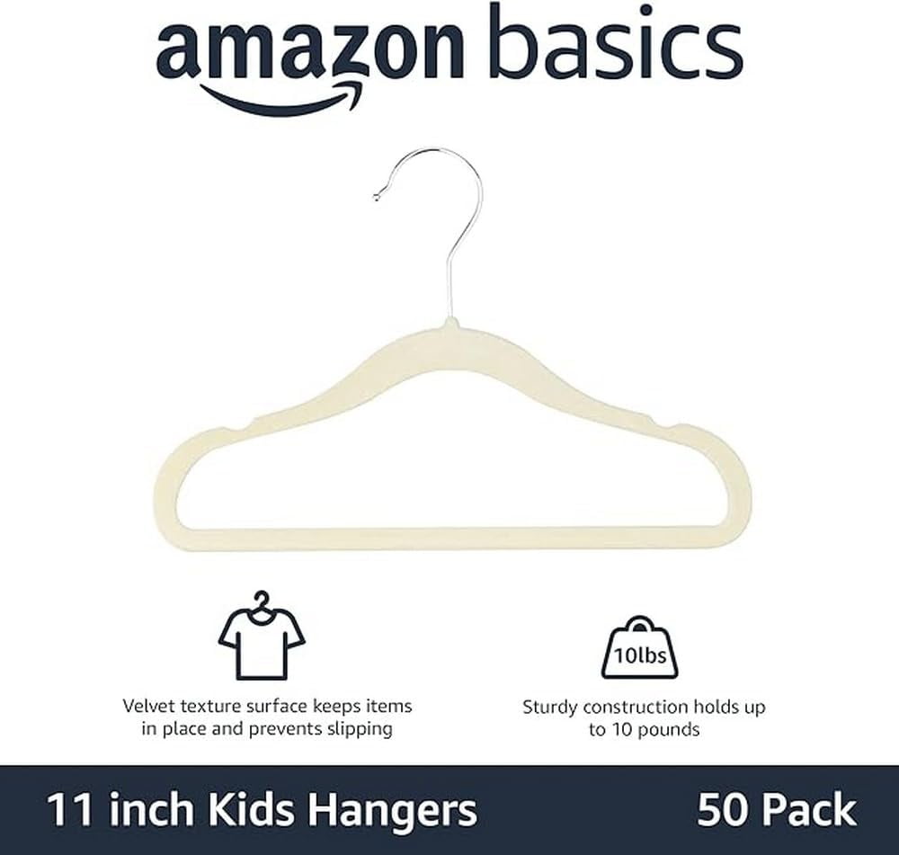Children's Velvet Non-Slip Hanger, Space Saving, Shoulder Groove, Solid Wardrobe Finishing Hanger 11.6 Inch, Beige Pack of 30