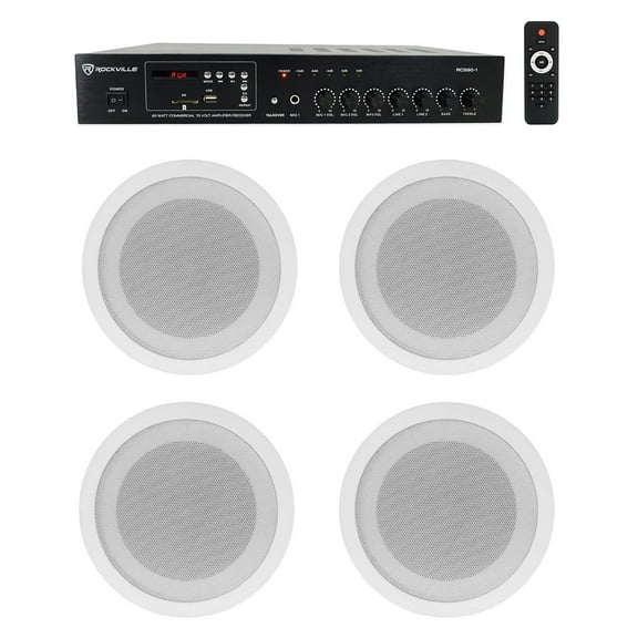 Rockville Commercial 70v Amp (4) White 5" Ceiling Speakers 4 Restaurant/Bar/Cafe