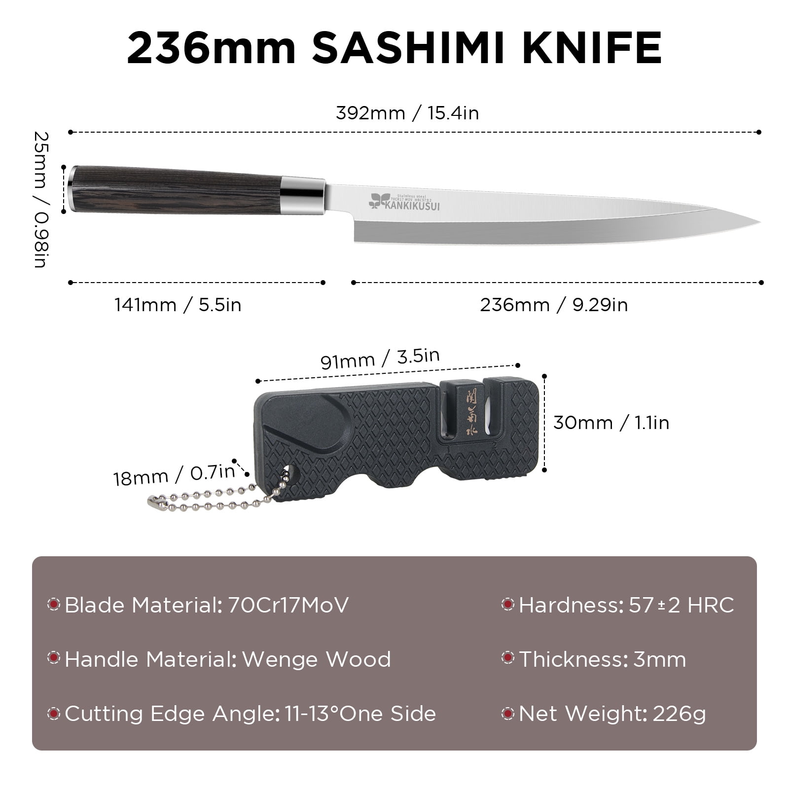Sashimi Knife, 9.3" Sushi Knife Set with Sharpener/Gift Box, HC70cr17mov Yanagiba Knife